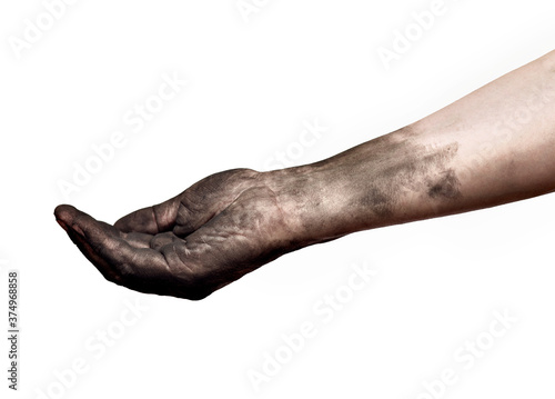 hand help beg poverty dirty coal worker arm