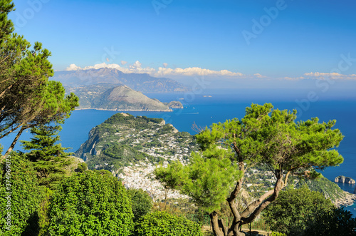 Capri Island. View from the top of Monte Solaro on the city of Capri and the Amalfi coast in the background