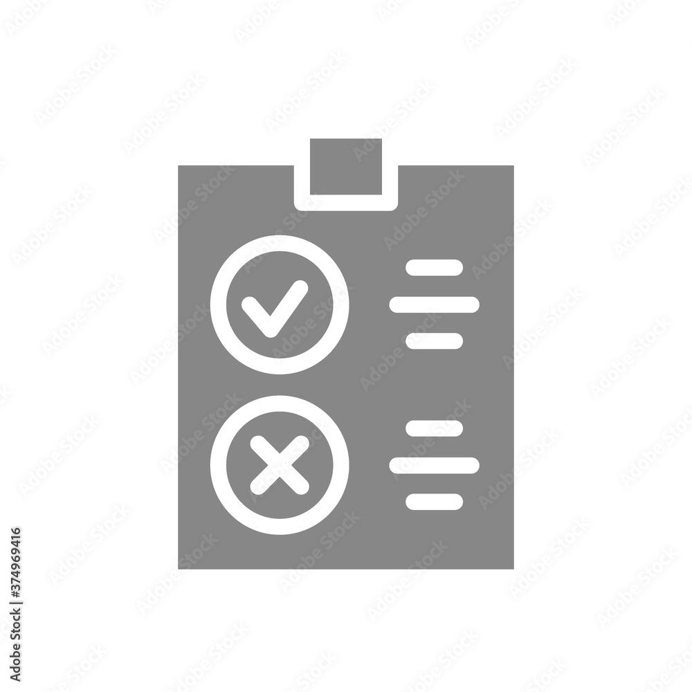 Questionnaire for evaluating service with right and wrong tick gray icon. Tablet with test symbol. Questionnaire for evaluating service with right and wrong tick gray icon. Tablet with test symbol.