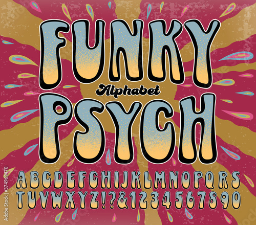 Photography Funky Psych Hippie Psychedelic Alphabet with Abstract Sunburst Art Background