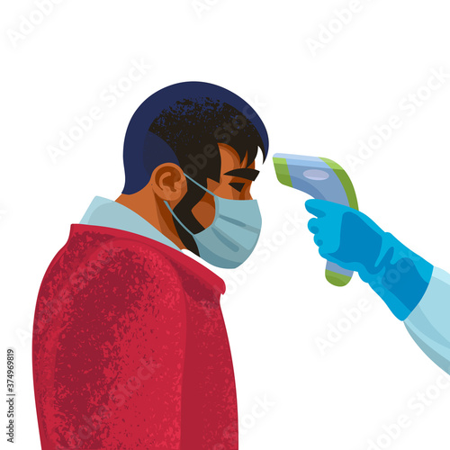 Body temperature check. Hand holding infrared forehead thermometer before face of young man. Vector illustration.