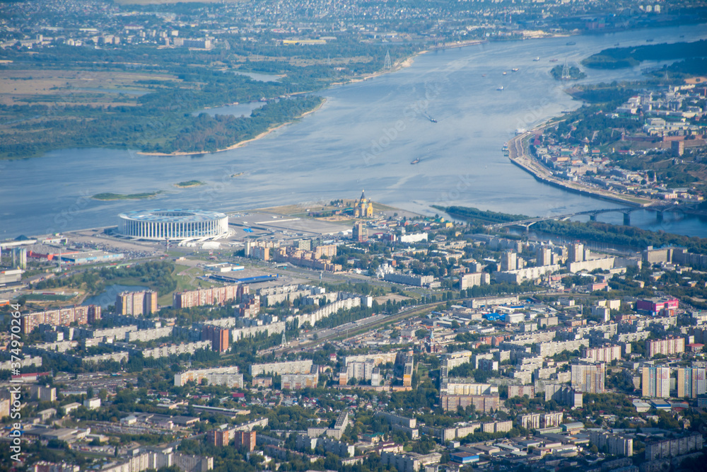 Naklejka premium View of Nizhny Novgorod from the plane window