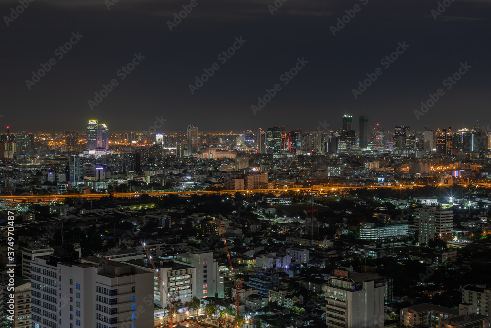 Bangkok, thailand - Aug 28, 2020 : Bangkok downtown cityscape with skyscrapers at night give the city a modern style. Selective focus.