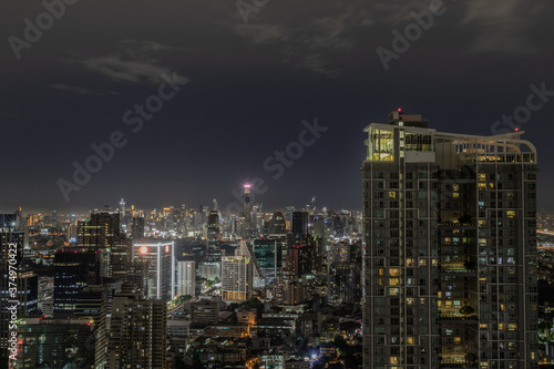 Bangkok, thailand - Aug 28, 2020 : Bangkok downtown cityscape with skyscrapers at night give the city a modern style. Selective focus.