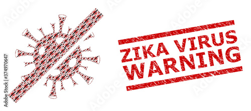 Fractal mosaic no coronavirus and Zika Virus Warning rubber stamp imitation. Vector mosaic is created of randomized no coronavirus parts.