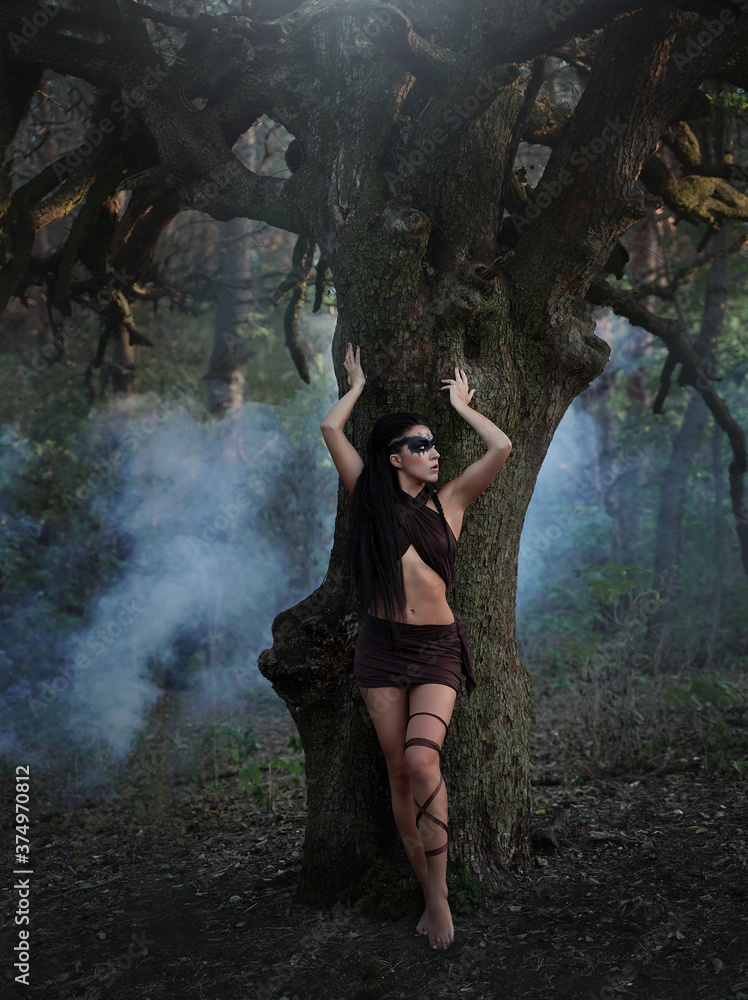 A beautiful wild Amazon girl with long legs stands in the smoke under a dry tree. Shaman girl with long black hair and ritual makeup. A beautiful wild Amazon girl with long legs stands in the smoke under a dry tree. Shaman girl with long black hair and ritual makeup.