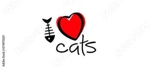 Drawing cat line pattern. Funny vector cats sign. Comic cartoon sketch. One line kitten, kitty silhouette pictogram. Animal, cute pet sits background. World cat day.