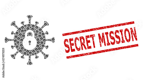 Recursive combination outbreak lockdown and Secret Mission corroded stamp seal. Vector collage is formed with scattered outbreak lockdown elements.