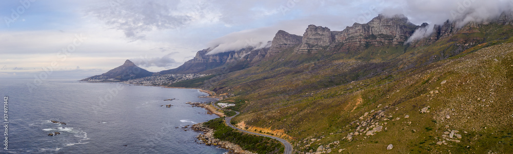 Panoramic aerial view of the coastline at Oude Kraal Nature Reserve, Cape Town, South Africa Panoramic aerial view of the coastline at Oude Kraal Nature Reserve, Cape Town, South Africa