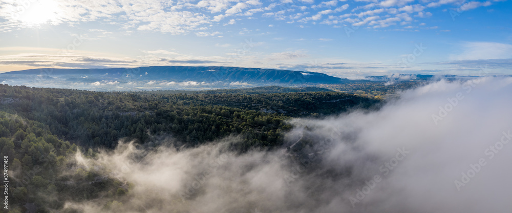 Panoramic aerial view of misty pine forest in Lagnes, France Panoramic aerial view of misty pine forest in Lagnes, France