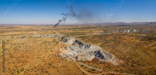 Panoramic aerial view of a platinum mine on a sunny day in Rustenburg, South Africa
