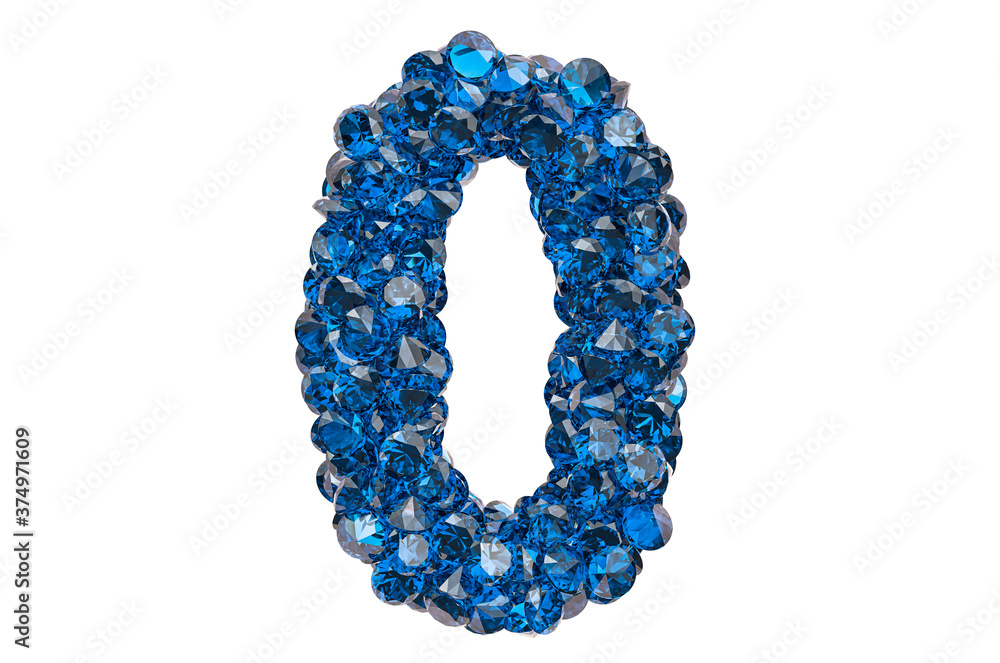 Number 0 from blue diamonds or sapphires with brilliant cut. 3D rendering Number 0 from blue diamonds or sapphires with brilliant cut. 3D rendering