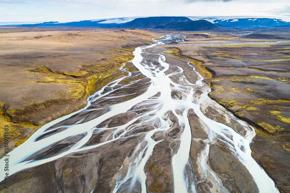 Aerial view of Jokulvisl glacial river and Hofsjokull glacier in the  Kerlingarfjoll area in the highlands of Iceland Stock Photo | Adobe Stock