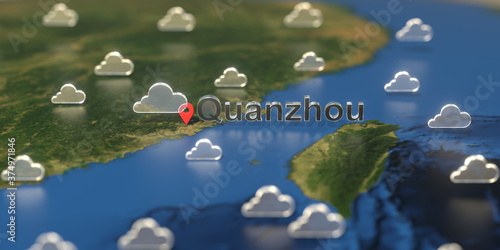 Cloudy weather icons near Quanzhou city on the map, weather forecast related 3D rendering