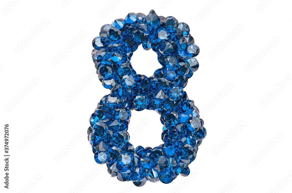 Number 8 from blue diamonds or sapphires with brilliant cut. 3D rendering Number 8 from blue diamonds or sapphires with brilliant cut. 3D rendering