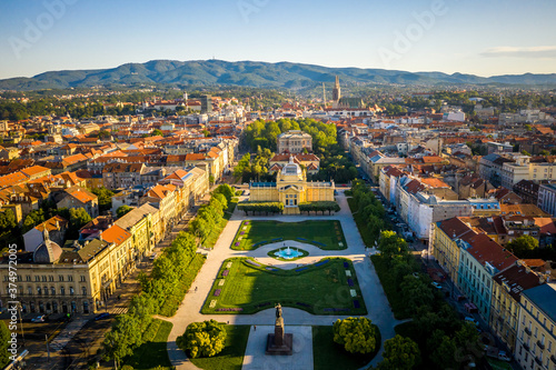 Aerial view of Umjetnicki paviljon u Zagrebu empty due to coronavirus pandemic in Zagreb, Croatia photo