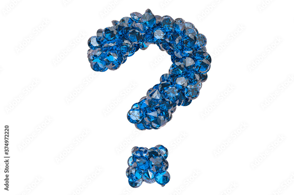 Question mark from blue diamonds or sapphires with brilliant cut. 3D rendering Question mark from blue diamonds or sapphires with brilliant cut. 3D rendering