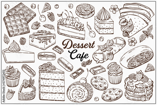 Dessert set, cake, pastry, 
muffins, strudel, waffles and more item are
hand-draw vintage engraving illustration for poster, label and menu. Illustration set in graphic sketch style.