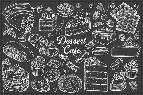 Dessert set, cake, pastry, 
muffins, strudel, waffles and more item are
hand-draw vintage engraving illustration for poster, label and menu. Illustration set in graphic sketch style.