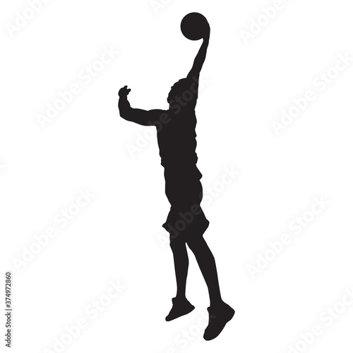 Professional basketball player silhouette shooting ball into the hoop, vector illustration. Slam dunk shooting technique