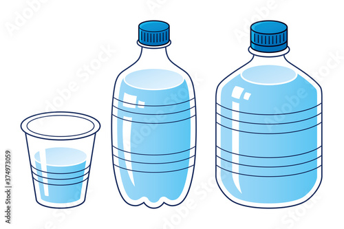 Water bottles and cup or glass isolated