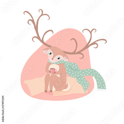 Christmas image of a little reindeer. Cute deer character feels happy. Illustration of a deer in a scarf and with a mug of tea. Christmas card with a deer.