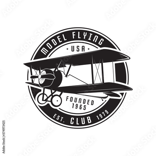 Model flying club emblem logo template. Vintage silhouette label with retro biplane. Stock vector isolated