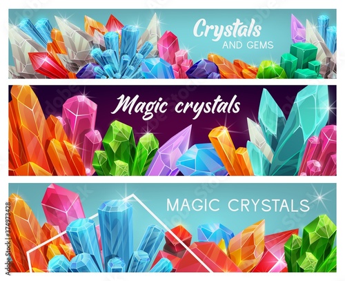 Magic crystal gems, gemstones cartoon vector jewel. Natural colorful jewelry and magic crystals, semiprecious and precious geology rocks and minerals, treasure. Gem stones mining, pc game banners set