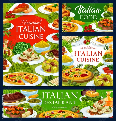 Italian cuisine meals vector banners. Shrimp tagliatelle, pizza marinara and Caesar salad, veal with porcini mushrooms, polenta and chicken milanese, eggs florentine. Italian food restaurant menu