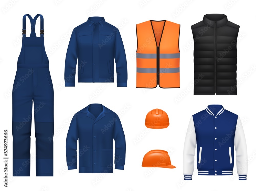 Workwear uniform and worker clothes, vector realistic safety jackets and  overall vests. Work wear clothing suits and outfit garments for  construction and builders, hardhat helmet and pants mockups Stock Vector |  Adobe