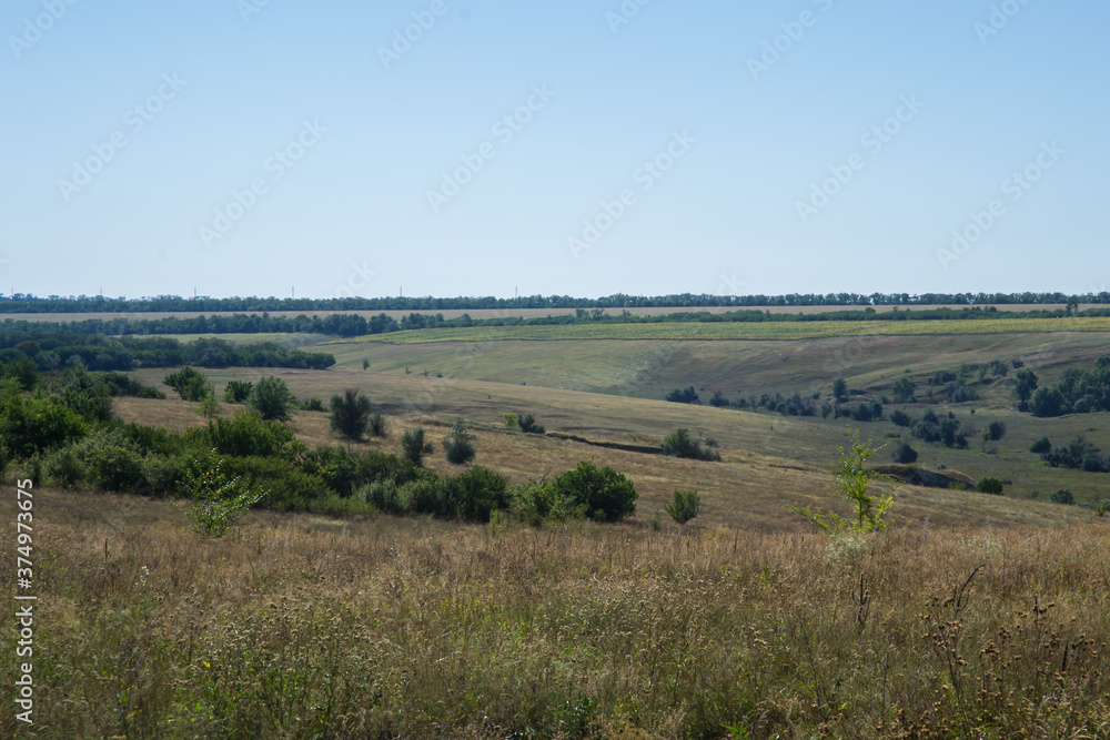panoramic view of the vastness, hills and meadows of Ukraine in August