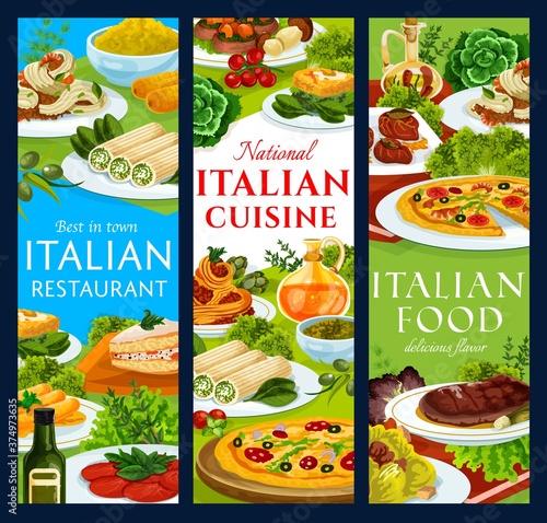 Italian cuisine restaurant meals vector banners. Pizza marinara, spaghetti bolognese and saltimbocca, shrimp tagliatelle, lasagna cannelloni and cassata, beef cannelloni, eggs florentine and polenta