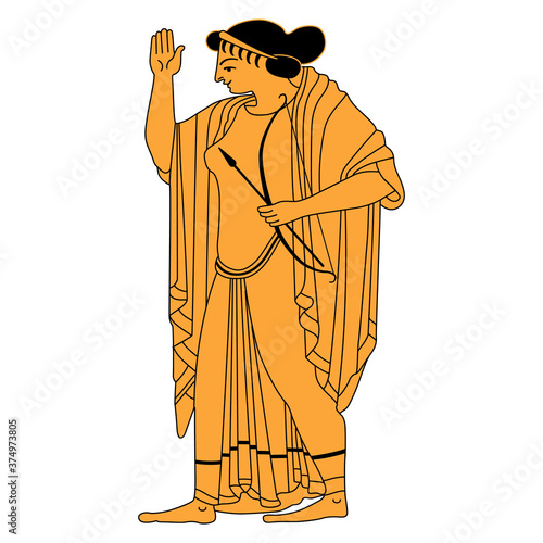 Ancient Greek goddess Artemis holding bow and arrow. Vase painting style.