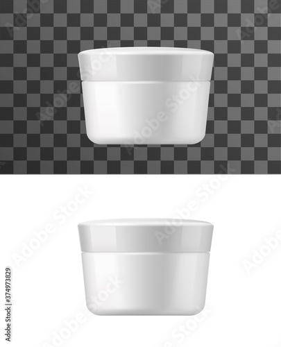 Cream jar, isolated vector mockup. White tube package for cream, scrub or hair mask. Blank salve can, medical ointment or cosmetic product pack template, container with round cap, realistic 3d mock up