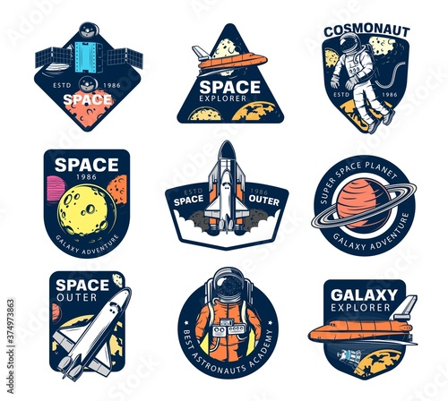 Galaxy explore vector icons. Astronaut, space shuttle and satellites in outer space. Universe expedition, exploration and adventure. Cosmos explorers and alien planet colonization mission retro labels