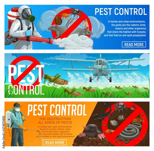 Pest control service vector banners, exterminators and agriculture airplane spraying insecticide against insects and rodents. Pests and field or garden vermin chemical extermination, deratization