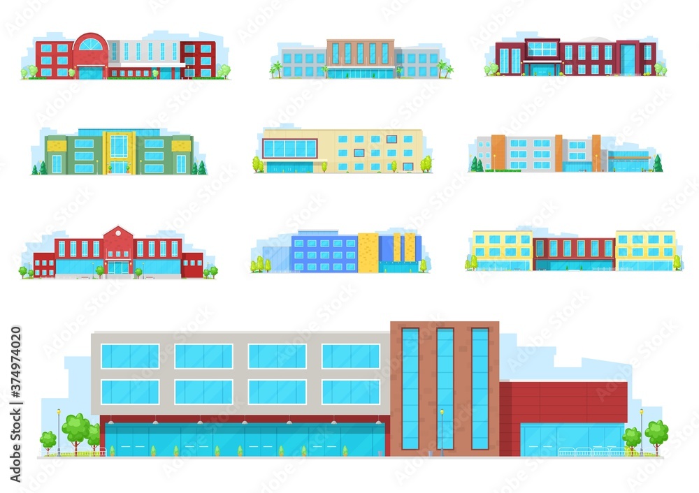 Education building isolated icons with vector school, university, college and academy houses. Schoolhouse exterior with front yard, glass facade, window and door, tree and light emblems, architecture
