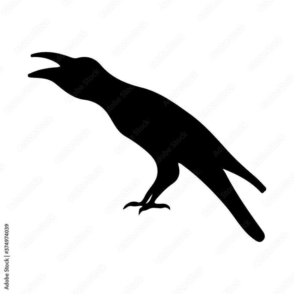 Fototapeta premium Screaming raven doodle glyph vector icon. Hand drawn halloween design element illustration. Sitting bird silhouette symbol. Mystical sign. Dark raven character linear isolated drawing