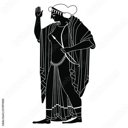 Ancient Greek goddess Artemis holding bow and arrow. Black and white silhouette.	