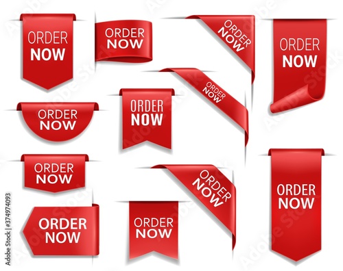 Order now red banners, realistic vector ribbons, web design elements. Corners, flags or isolated bookmarks. 3d icons or labels, discount silk promo event banners, shopping order tags and badges set