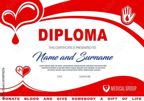 Diploma for blood or plasma donation, vector certificate template with hearts and red drop in human hand. Donor charity border design, diploma for blood donate, giving gift of life, medical support