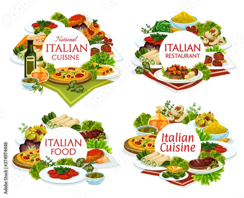 Italian cuisine restaurant dishes round banners. Pizza, veal with porcini mushrooms and carpaccio, eggs florentine, polenta and beef cannelloni, Caesar salad, spaghetti and shrimp tagliatelle vector