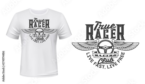 Winged car steering wheel t-shirt vector print. Classic automobile old style steering wheel with three spokes and bird or angel wings illustration and typography. Racing club clothing print template