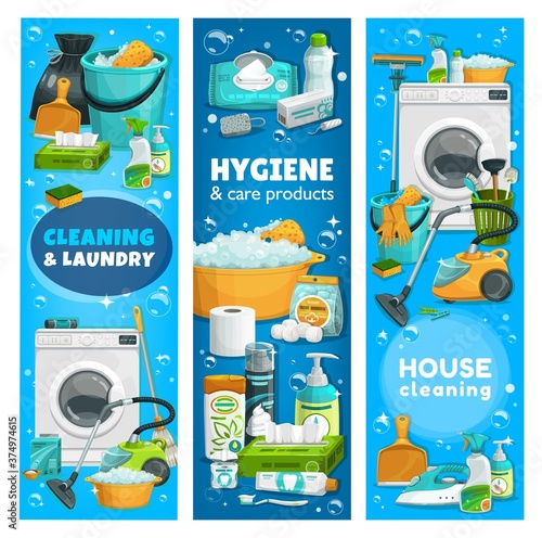 Housework utensils, hygiene and laundry tools. Vector washing machine, toilet plunger. wash detergent. Vacuum cleaner, gloves or brush, house cleaning and care products and supplies cartoon banners