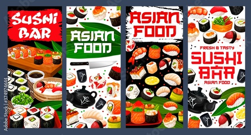 Sushi bar asian food vector banners. Japan restaurant sushi, rolls, sashimi and maki. Japanese cuisine nigiri sushi with shrimp, salmon or tuna in rice and nori seaweed, uramaki and futomaki, gunkan