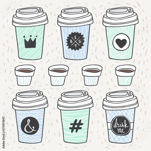 Vector coffee set. Plastic and paper coffee and tea cups. Coffee to go. Take away. Drink me and Best lettering. Crown, ampersand, heart, hashtag sign. Good for menu design, t-shirt print, postcard