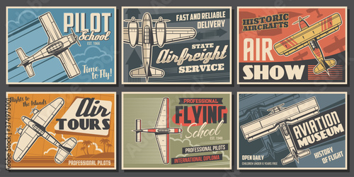 Aircraft museum, pilot school, aviation vector posters. Airplane professional pilot flights show, vintage military planes flying courses. Civil aviation, airforce and custom propeller retro aircrafts