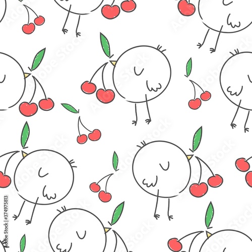 Wallpaper Mural Pattern seamless cute cartoon bird with cherry vector illustration fun childish print poster Torontodigital.ca