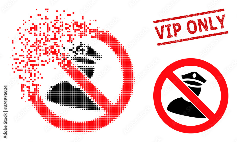 No policeman icon in dispersed, dotted halftone style and Vip Only rubber stamp seal. Particles are combined into vector dissipated no policeman pictogram. No policeman icon in dispersed, dotted halftone style and Vip Only rubber stamp seal. Particles are combined into vector dissipated no policeman pictogram.