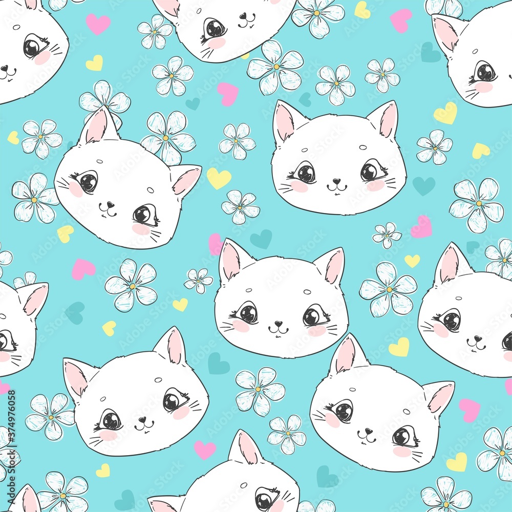 Seamless pattern cute cat and flowers on a blue background childish print textile vector